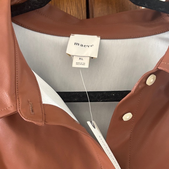 Maeve Cognac Brown Vegan Leather Button-Up Shirt - Picture 2 of 2